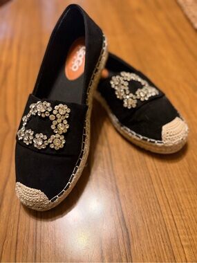 GOGO Black Espadrille Flats with Crystal Floral Buckles
